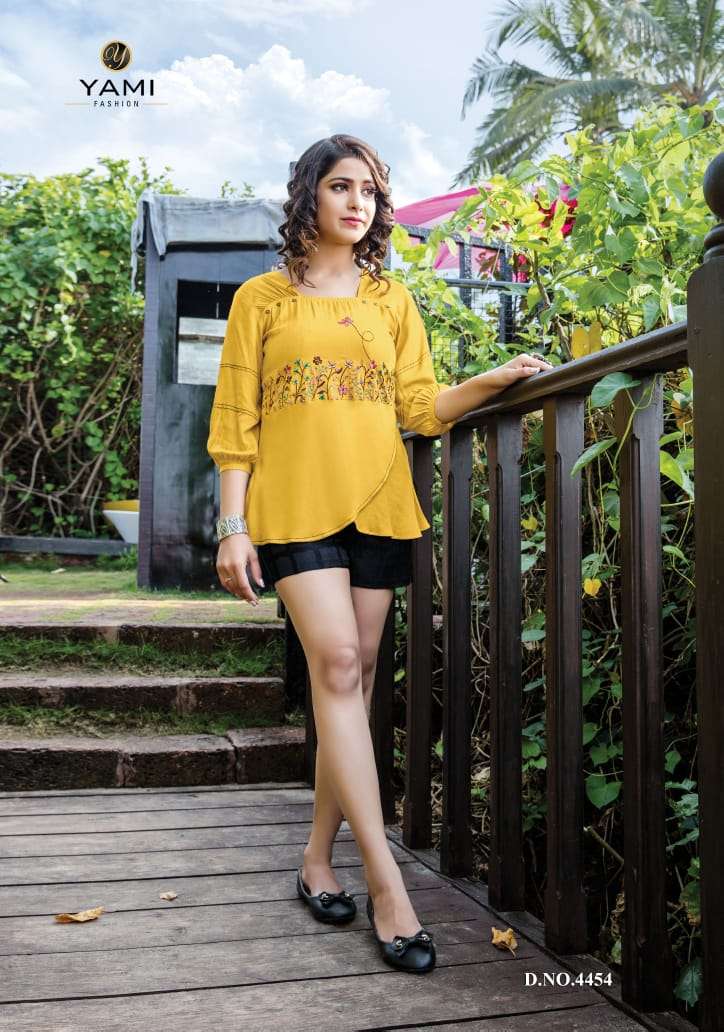 TOPSY VOL-11 BY YAMI FASHION 4451 TO 4459 SERIES BEAUTIFUL COLORFUL STYLISH FANCY CASUAL WEAR & READY TO WEAR RAYON EMBROIDERED TOPS AT WHOLESALE PRICE
