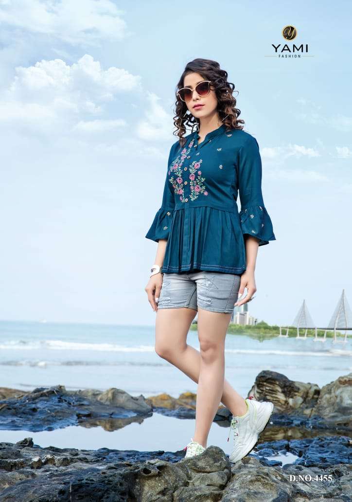 TOPSY VOL-11 BY YAMI FASHION 4451 TO 4459 SERIES BEAUTIFUL COLORFUL STYLISH FANCY CASUAL WEAR & READY TO WEAR RAYON EMBROIDERED TOPS AT WHOLESALE PRICE