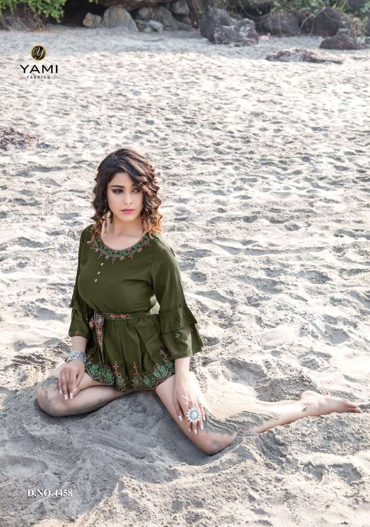 TOPSY VOL-11 BY YAMI FASHION 4451 TO 4459 SERIES BEAUTIFUL COLORFUL STYLISH FANCY CASUAL WEAR & READY TO WEAR RAYON EMBROIDERED TOPS AT WHOLESALE PRICE