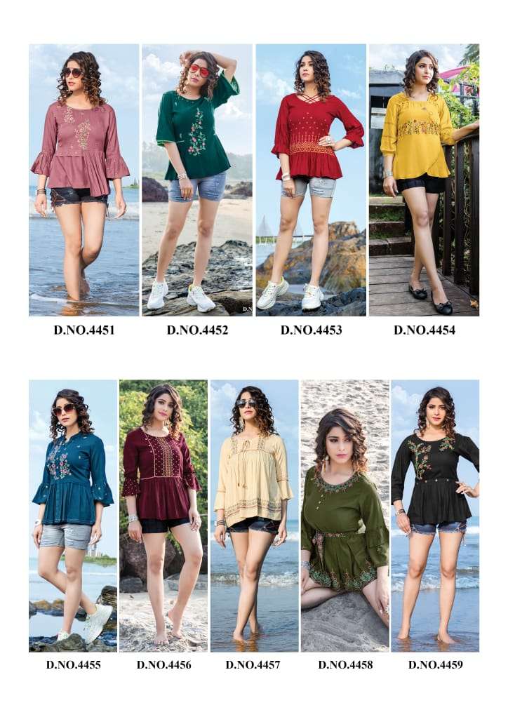 TOPSY VOL-11 BY YAMI FASHION 4451 TO 4459 SERIES BEAUTIFUL COLORFUL STYLISH FANCY CASUAL WEAR & READY TO WEAR RAYON EMBROIDERED TOPS AT WHOLESALE PRICE
