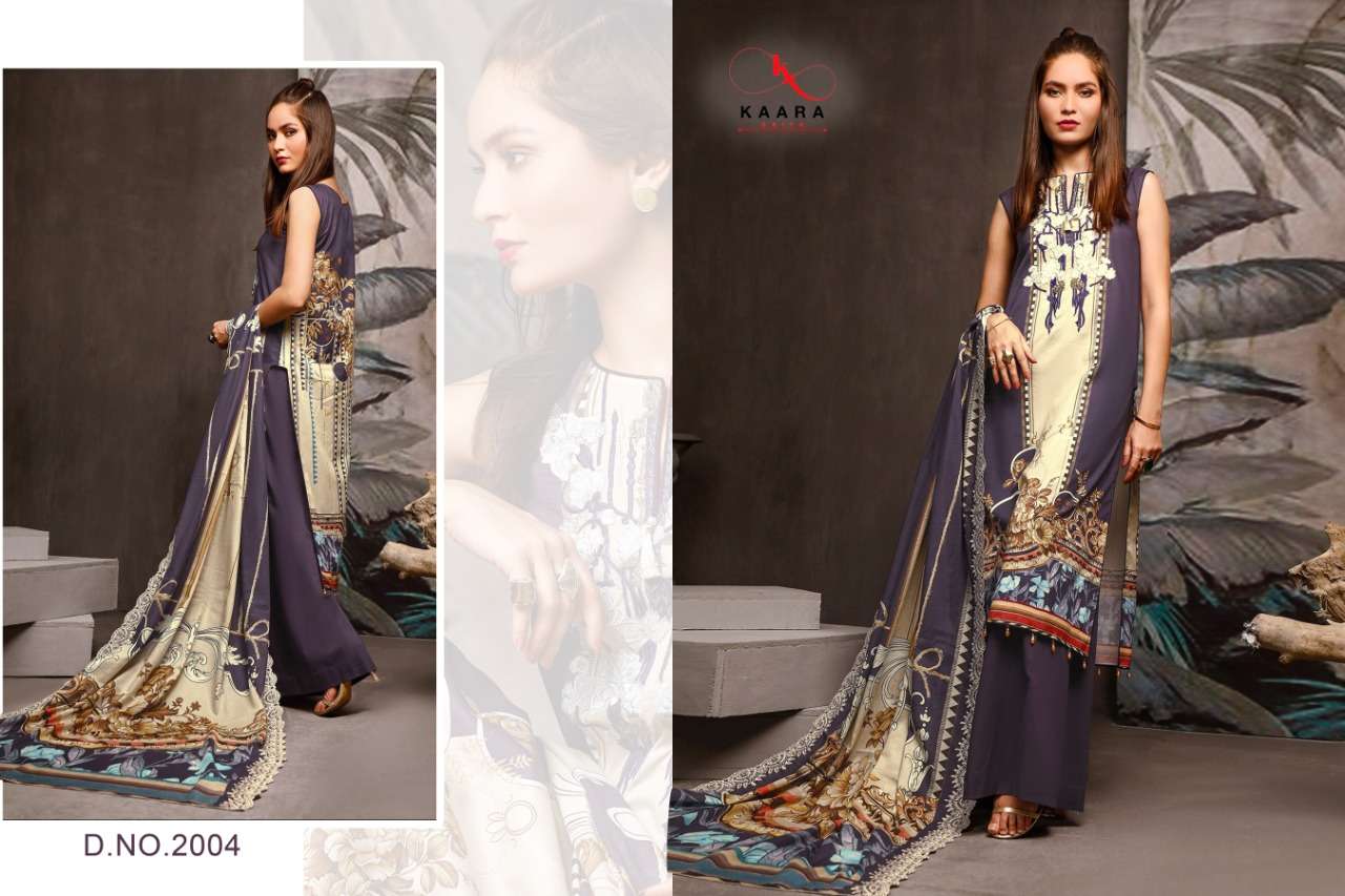 FIRDOUS LAWN COLLECTION VOL-2 BY KAARA SUITS 2001 TO 2008 SERIES BEAUTIFUL SUITS STYLISH FANCY COLORFUL PARTY WEAR & OCCASIONAL WEAR PURE COTTON DIGITAL PRINT WITH EMBROIDERY DRESSES AT WHOLESALE PRICE