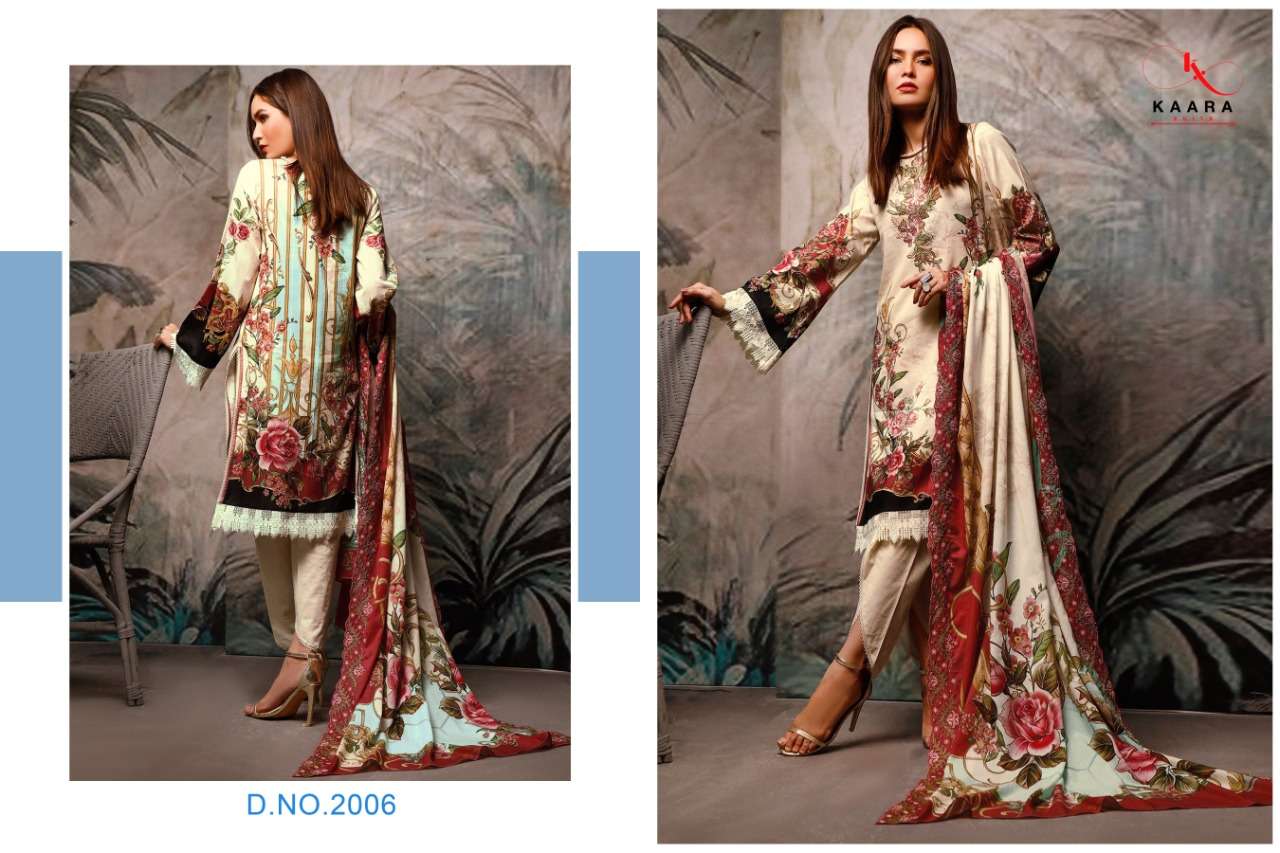 FIRDOUS LAWN COLLECTION VOL-2 BY KAARA SUITS 2001 TO 2008 SERIES BEAUTIFUL SUITS STYLISH FANCY COLORFUL PARTY WEAR & OCCASIONAL WEAR PURE COTTON DIGITAL PRINT WITH EMBROIDERY DRESSES AT WHOLESALE PRICE