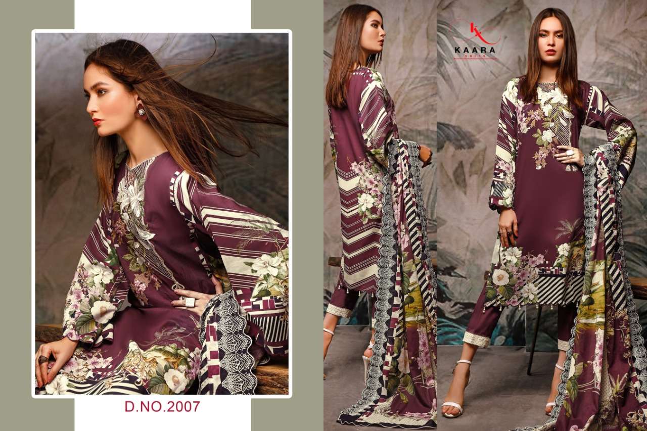 FIRDOUS LAWN COLLECTION VOL-2 BY KAARA SUITS 2001 TO 2008 SERIES BEAUTIFUL SUITS STYLISH FANCY COLORFUL PARTY WEAR & OCCASIONAL WEAR PURE COTTON DIGITAL PRINT WITH EMBROIDERY DRESSES AT WHOLESALE PRICE