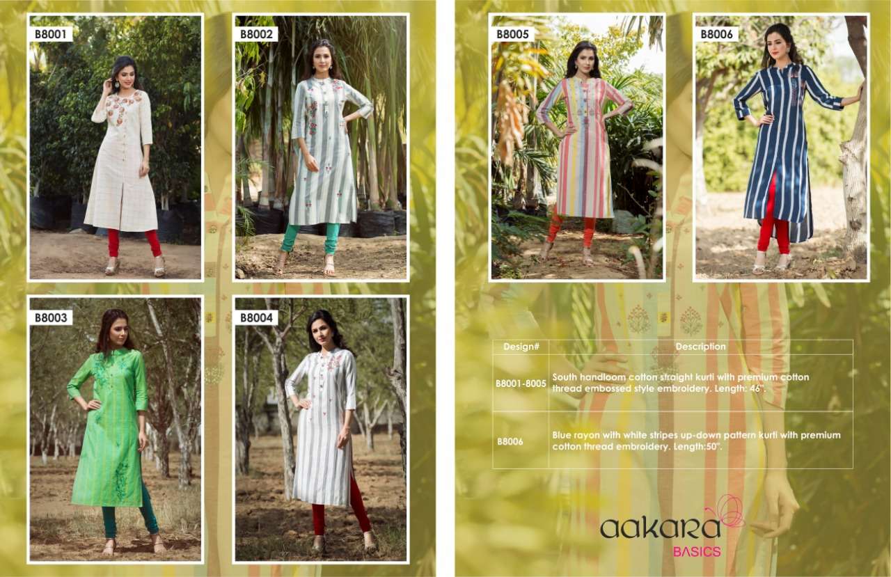 Aakra Basics Vol-8 By Aakara 8001 To 8006 Series Beautiful Stylish Fancy Colorful Casual Wear & Ethnic Wear Cotton With Embroidery Straight Kurtis At Wholesale Price