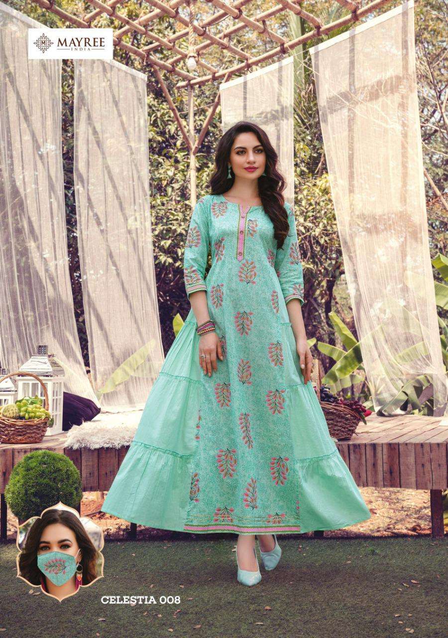 CELESTIA BY MAYREE 001 TO 008 SERIES BEAUTIFUL COLORFUL STYLISH FANCY CASUAL WEAR & ETHNIC WEAR & READY TO WEAR COTTON MAL WITH HANDWORK GOWN AT WHOLESALE PRICE