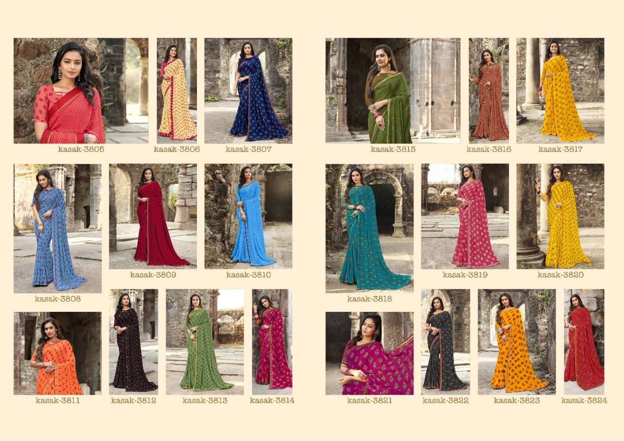 KASAK BY SEYMORE PRINTS 3805 TO 3824 SERIES INDIAN TRADITIONAL WEAR COLLECTION BEAUTIFUL STYLISH FANCY COLORFUL PARTY WEAR & OCCASIONAL WEAR GEORGETTE PRINTED SAREES AT WHOLESALE PRICE