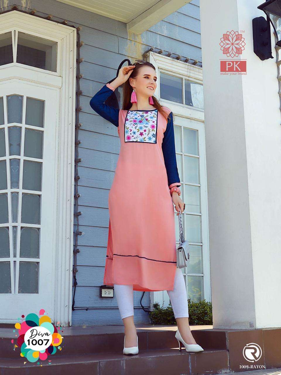FASHION DIVA VOL-1 BY PK 1001 TO 1007 SERIES BEAUTIFUL COLORFUL STYLISH FANCY CASUAL WEAR & ETHNIC WEAR & READY TO WEAR HEAVY RAYON DIGITAL PRINT KURTIS AT WHOLESALE PRICE