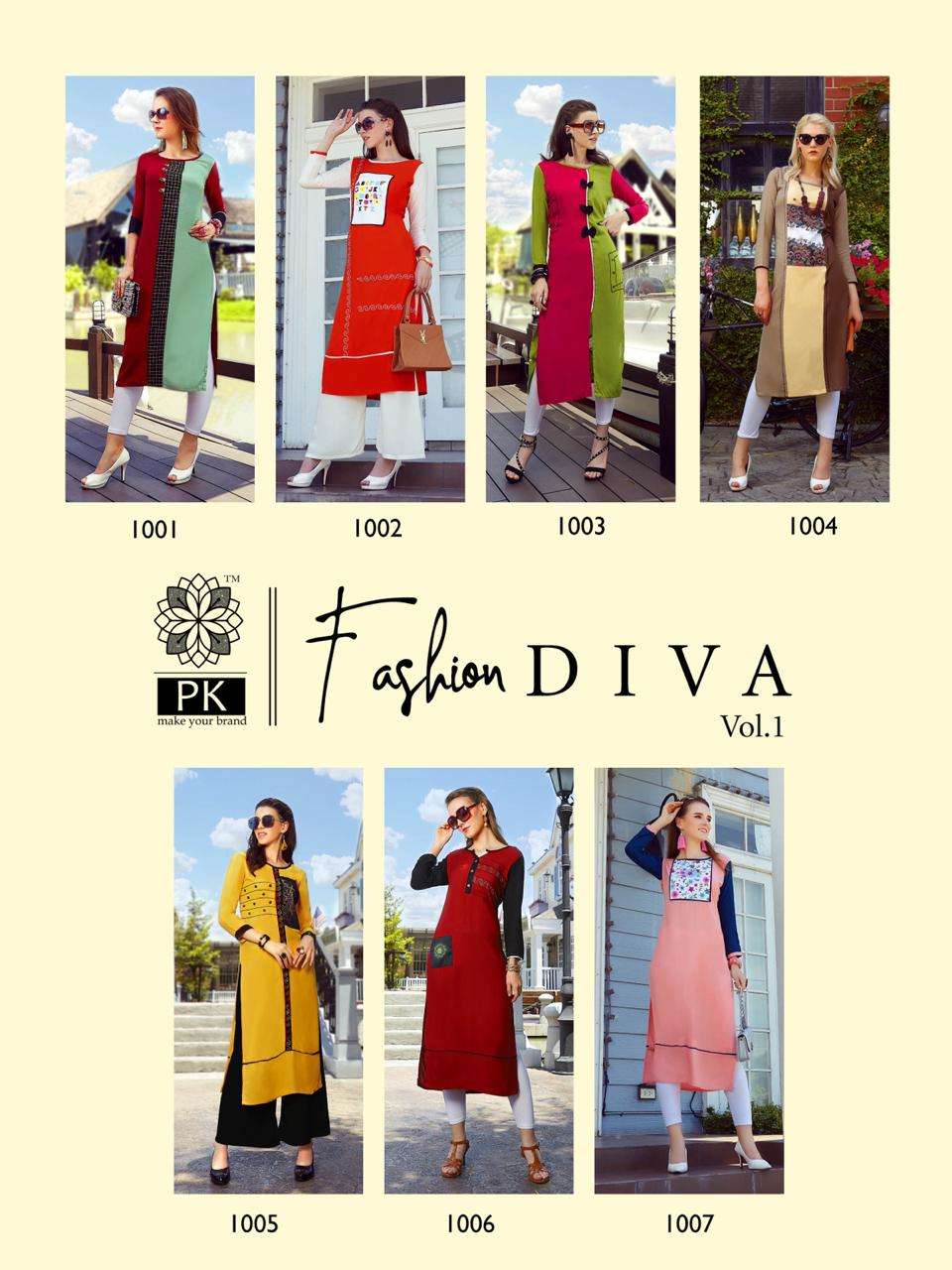 FASHION DIVA VOL-1 BY PK 1001 TO 1007 SERIES BEAUTIFUL COLORFUL STYLISH FANCY CASUAL WEAR & ETHNIC WEAR & READY TO WEAR HEAVY RAYON DIGITAL PRINT KURTIS AT WHOLESALE PRICE