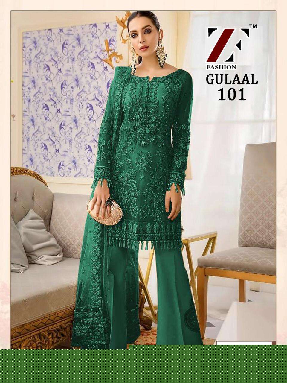 GULAAL HIT DESIGN 101 BY ZIYA FASHION BEAUTIFUL PAKISTANI SUITS COLORFUL STYLISH FANCY CASUAL WEAR & ETHNIC WEAR BUTTERFLY NET EMBROIDERED DRESSES AT WHOLESALE PRICE