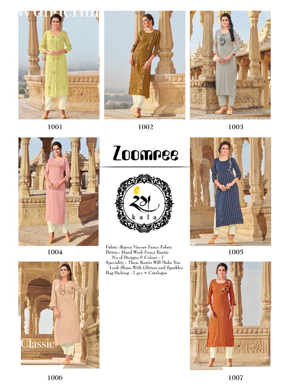 ZOOMREE BY RANG KALA 1001 TO 1007 SERIES DESIGNER BEAUTIFUL STYLISH FANCY COLORFUL PARTY WEAR & ETHNIC WEAR & READY TO WEAR RAYON WEAVING LINING KURTIS AT WHOLESALE PRICE