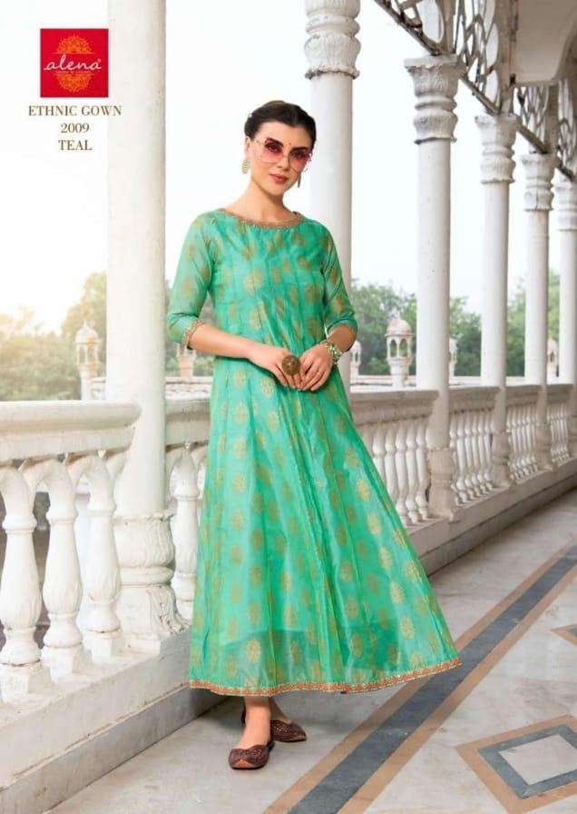 ALENA BY ETHNIC GOWN 1009 TO 1014 SERIES DESIGNER BEAUTIFUL STYLISH FANCY COLORFUL PARTY WEAR & ETHNIC WEAR & READY TO WEAR CHANDERI GOWN AT WHOLESALE PRICE