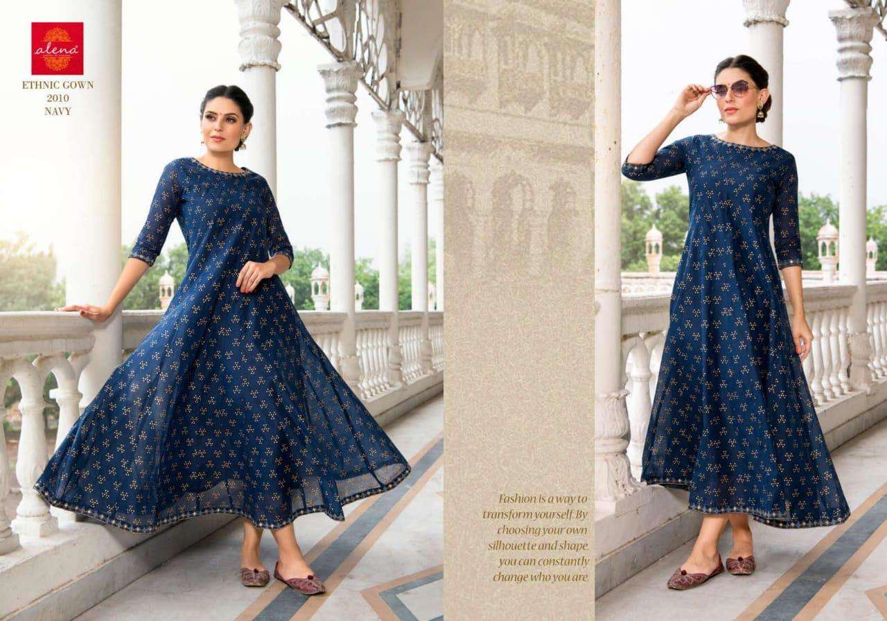 ALENA BY ETHNIC GOWN 1009 TO 1014 SERIES DESIGNER BEAUTIFUL STYLISH FANCY COLORFUL PARTY WEAR & ETHNIC WEAR & READY TO WEAR CHANDERI GOWN AT WHOLESALE PRICE