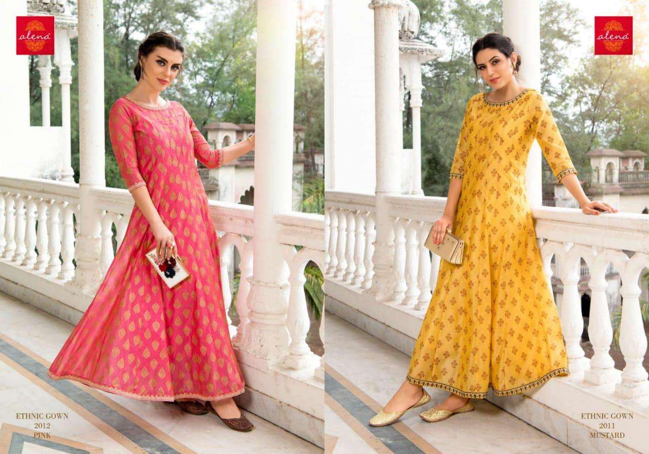 ALENA BY ETHNIC GOWN 1009 TO 1014 SERIES DESIGNER BEAUTIFUL STYLISH FANCY COLORFUL PARTY WEAR & ETHNIC WEAR & READY TO WEAR CHANDERI GOWN AT WHOLESALE PRICE