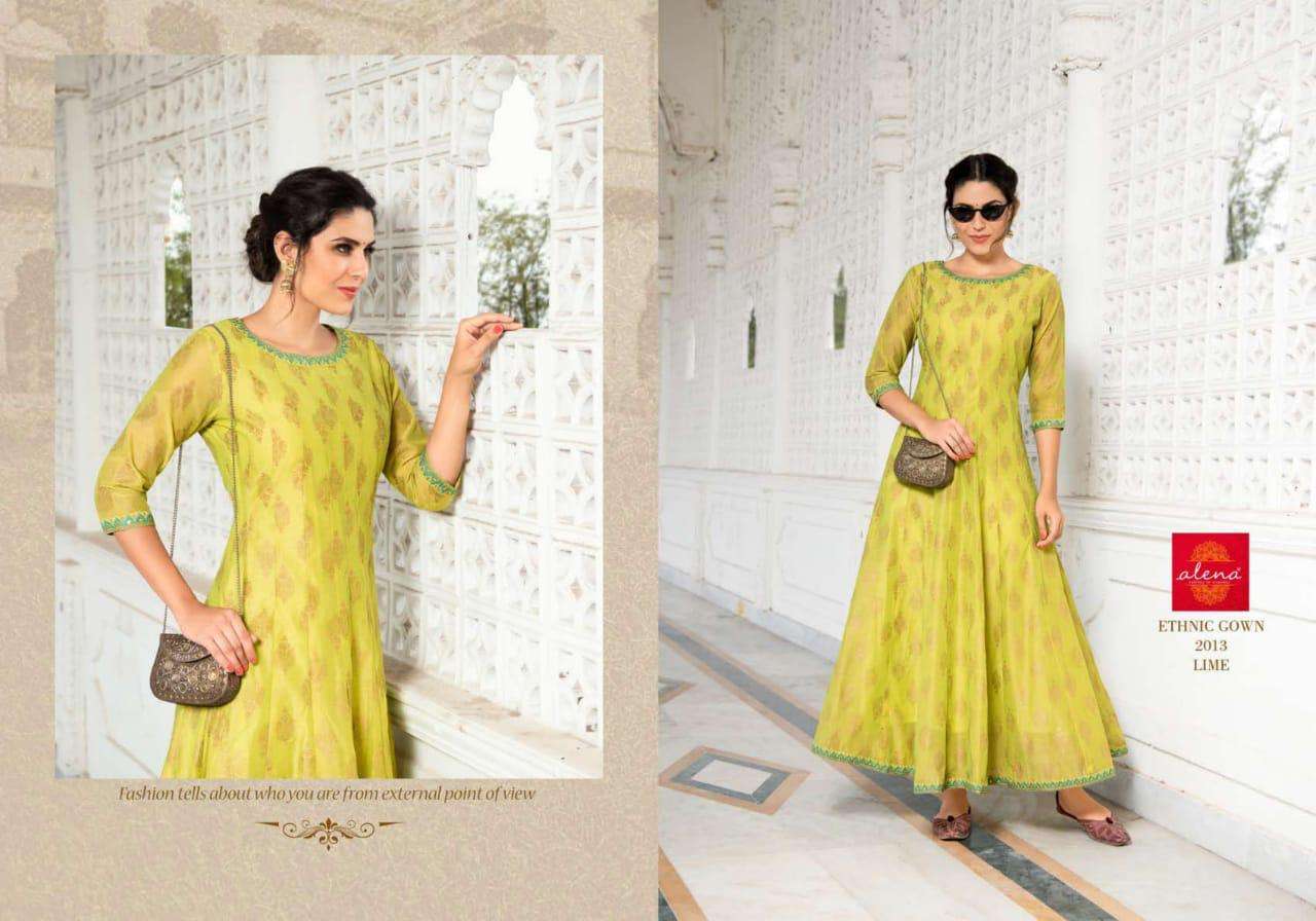ALENA BY ETHNIC GOWN 1009 TO 1014 SERIES DESIGNER BEAUTIFUL STYLISH FANCY COLORFUL PARTY WEAR & ETHNIC WEAR & READY TO WEAR CHANDERI GOWN AT WHOLESALE PRICE
