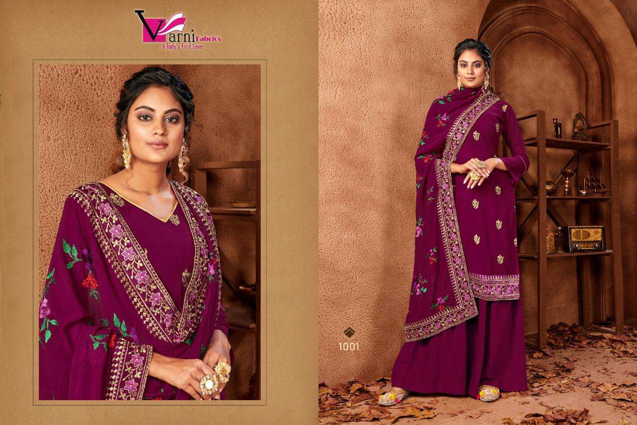 RIYASAT BY VARNI FABRICS 1001 TO 1004 SERIES BEAUTIFUL SHARARA SUITS STYLISH FANCY COLORFUL CASUAL WEAR & ETHNIC WEAR FAUX GEORGETTE EMBROIDERED DRESSES AT WHOLESALE PRICE