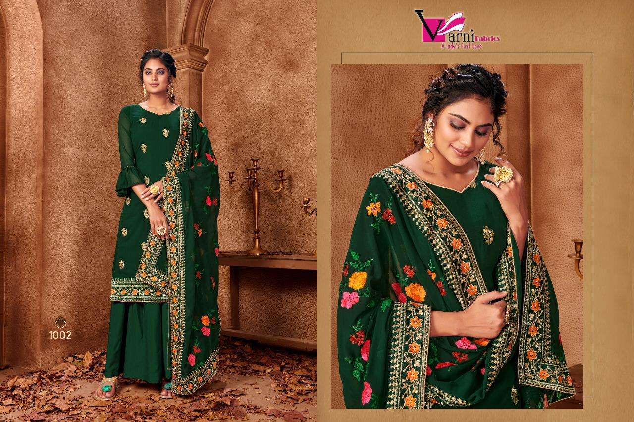 RIYASAT BY VARNI FABRICS 1001 TO 1004 SERIES BEAUTIFUL SHARARA SUITS STYLISH FANCY COLORFUL CASUAL WEAR & ETHNIC WEAR FAUX GEORGETTE EMBROIDERED DRESSES AT WHOLESALE PRICE