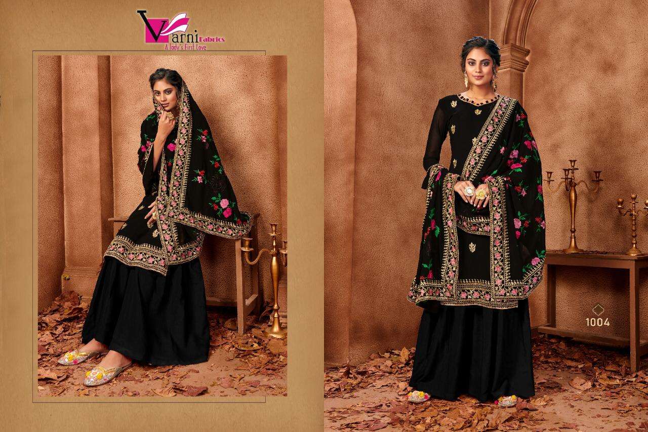 RIYASAT BY VARNI FABRICS 1001 TO 1004 SERIES BEAUTIFUL SHARARA SUITS STYLISH FANCY COLORFUL CASUAL WEAR & ETHNIC WEAR FAUX GEORGETTE EMBROIDERED DRESSES AT WHOLESALE PRICE