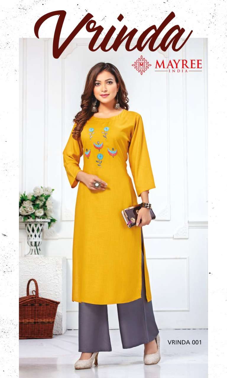 VRINDA BY MAYREE 001 TO 010 SERIES BEAUTIFUL STYLISH FANCY COLORFUL CASUAL WEAR & ETHNIC WEAR & READY TO WEAR RAYON EMBROIDERED KURTIS WITH BOTTOM AT WHOLESALE PRICE