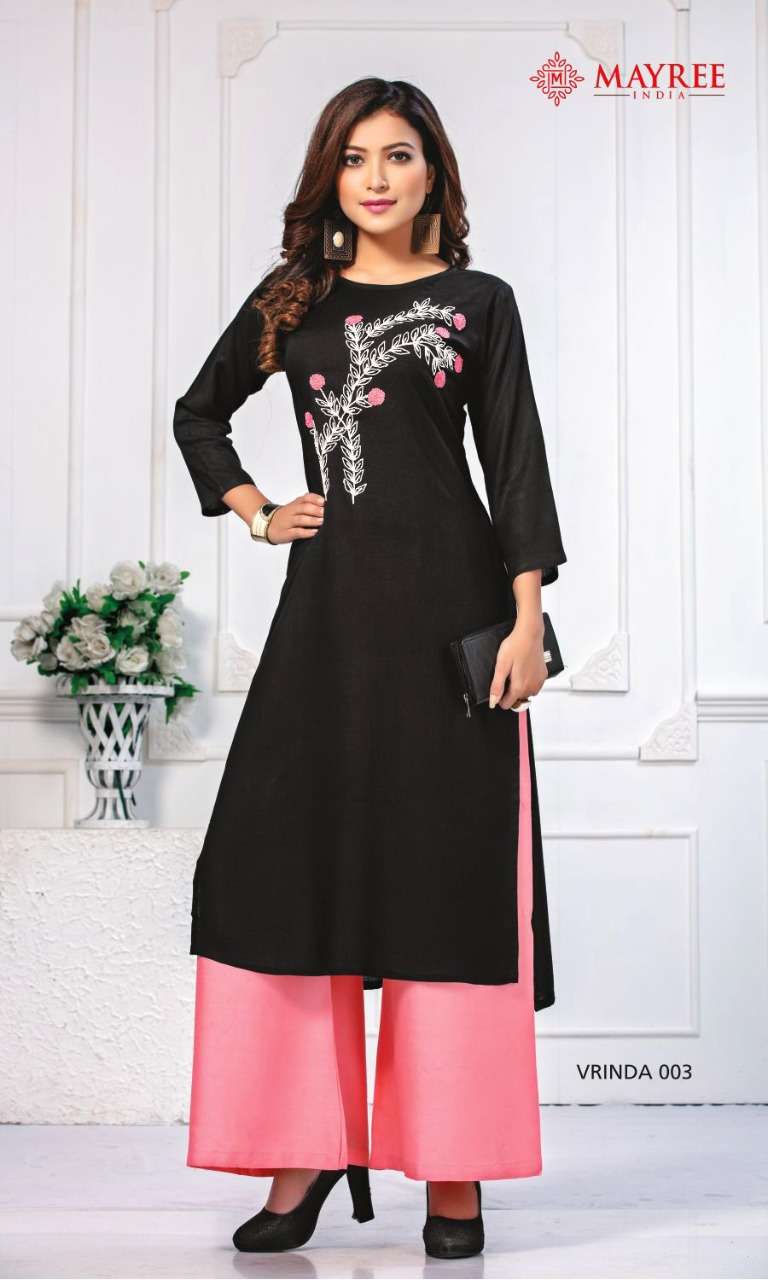 VRINDA BY MAYREE 001 TO 010 SERIES BEAUTIFUL STYLISH FANCY COLORFUL CASUAL WEAR & ETHNIC WEAR & READY TO WEAR RAYON EMBROIDERED KURTIS WITH BOTTOM AT WHOLESALE PRICE