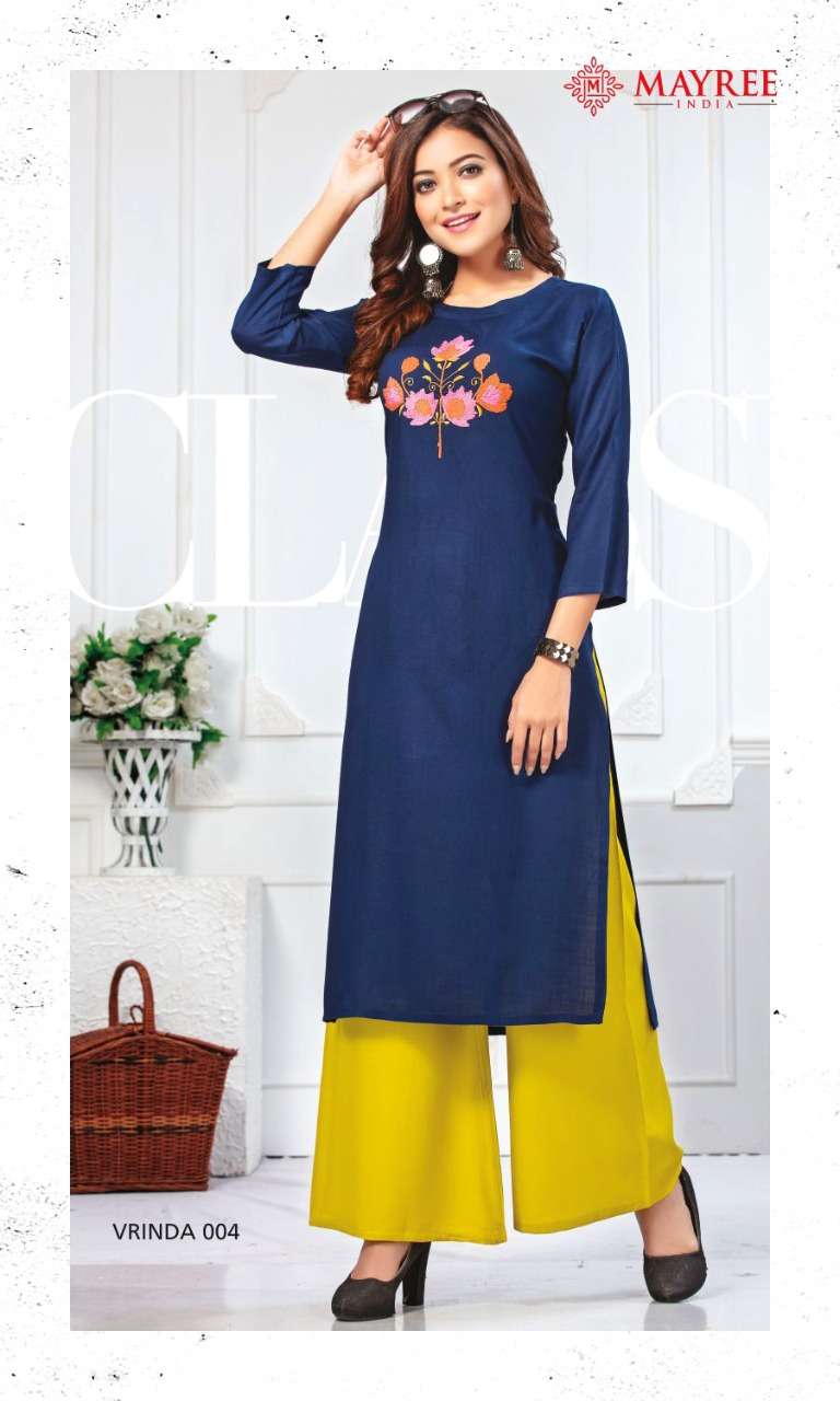 VRINDA BY MAYREE 001 TO 010 SERIES BEAUTIFUL STYLISH FANCY COLORFUL CASUAL WEAR & ETHNIC WEAR & READY TO WEAR RAYON EMBROIDERED KURTIS WITH BOTTOM AT WHOLESALE PRICE