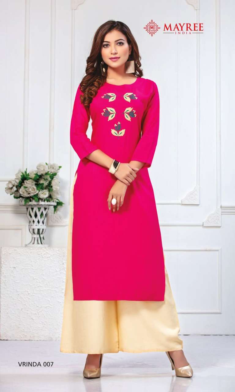 VRINDA BY MAYREE 001 TO 010 SERIES BEAUTIFUL STYLISH FANCY COLORFUL CASUAL WEAR & ETHNIC WEAR & READY TO WEAR RAYON EMBROIDERED KURTIS WITH BOTTOM AT WHOLESALE PRICE