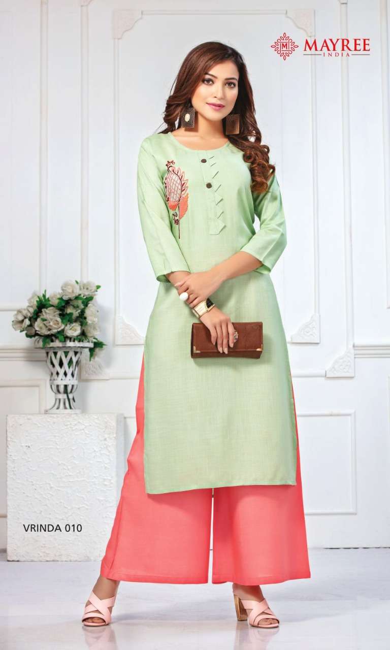 VRINDA BY MAYREE 001 TO 010 SERIES BEAUTIFUL STYLISH FANCY COLORFUL CASUAL WEAR & ETHNIC WEAR & READY TO WEAR RAYON EMBROIDERED KURTIS WITH BOTTOM AT WHOLESALE PRICE