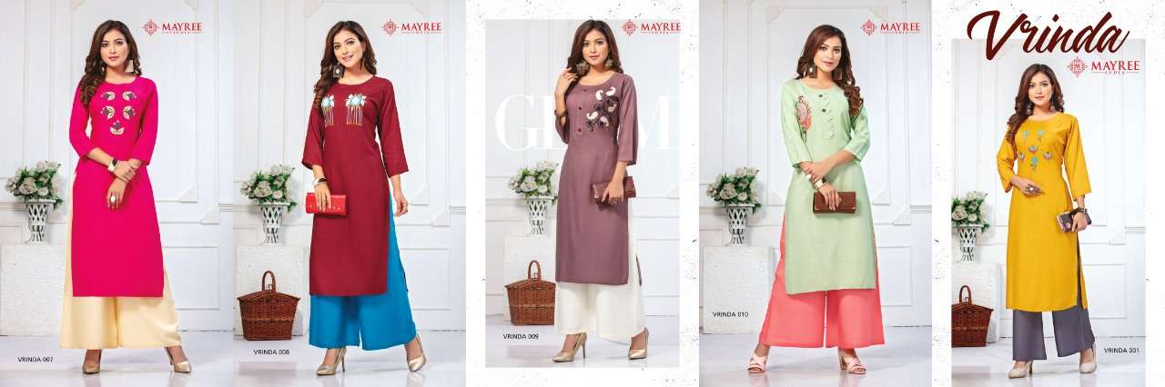 VRINDA BY MAYREE 001 TO 010 SERIES BEAUTIFUL STYLISH FANCY COLORFUL CASUAL WEAR & ETHNIC WEAR & READY TO WEAR RAYON EMBROIDERED KURTIS WITH BOTTOM AT WHOLESALE PRICE
