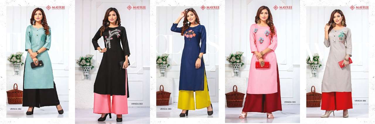 VRINDA BY MAYREE 001 TO 010 SERIES BEAUTIFUL STYLISH FANCY COLORFUL CASUAL WEAR & ETHNIC WEAR & READY TO WEAR RAYON EMBROIDERED KURTIS WITH BOTTOM AT WHOLESALE PRICE