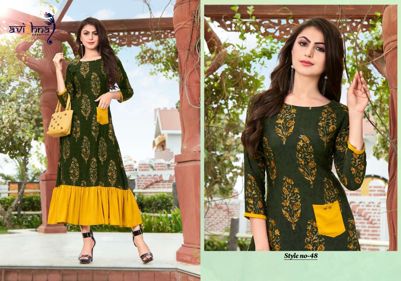 Navlika Vol-2 By Avighna Creation 48 To 55 Series Beautiful Stylish Fancy Colorful Casual Wear & Ethnic Wear & Ready To Wear Rayon Printed Kurtis At Wholesale Price