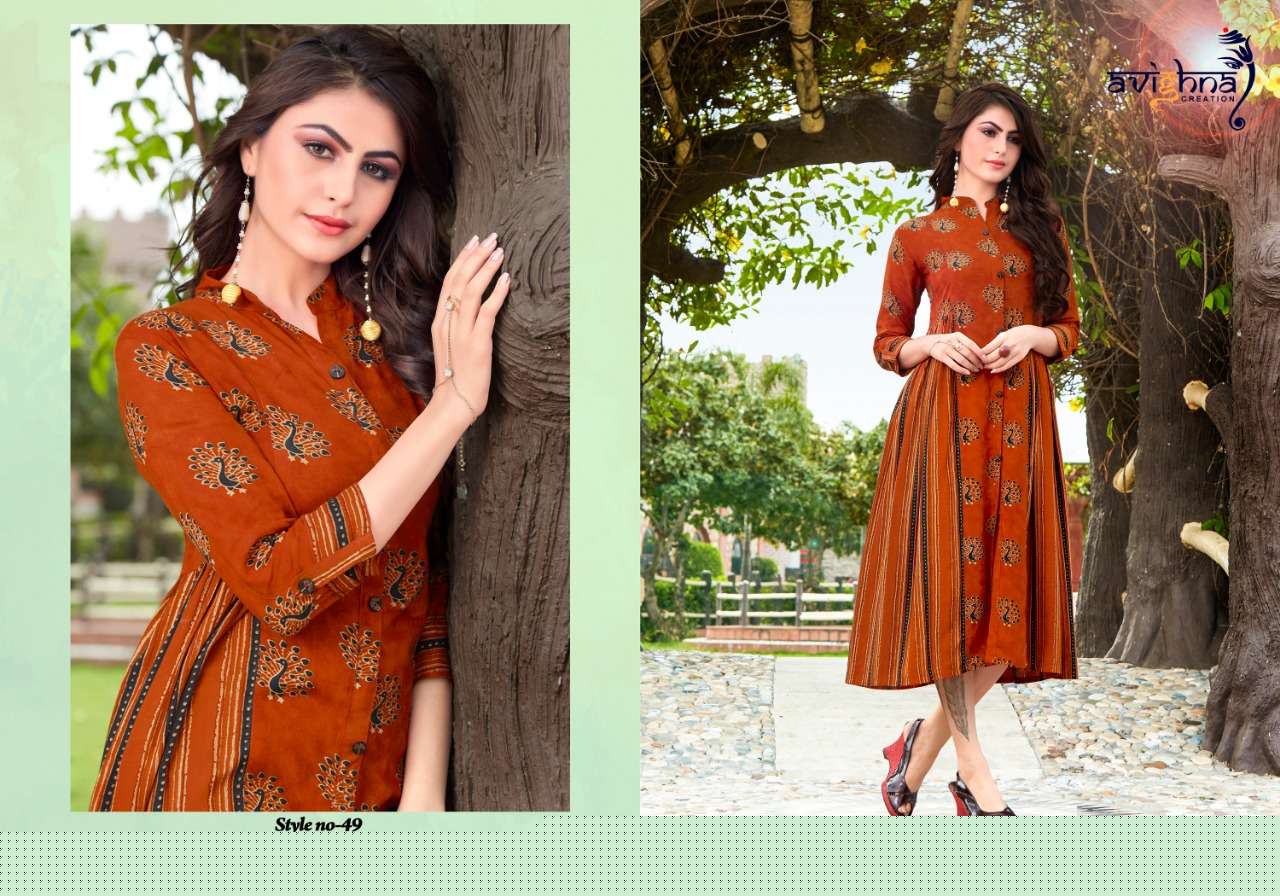 Navlika Vol-2 By Avighna Creation 48 To 55 Series Beautiful Stylish Fancy Colorful Casual Wear & Ethnic Wear & Ready To Wear Rayon Printed Kurtis At Wholesale Price