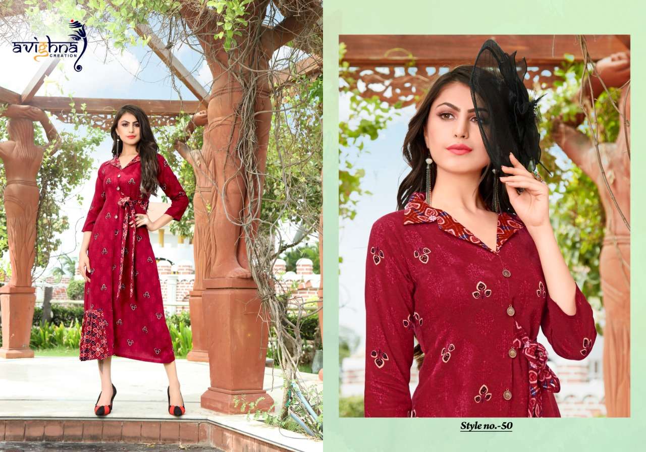 Navlika Vol-2 By Avighna Creation 48 To 55 Series Beautiful Stylish Fancy Colorful Casual Wear & Ethnic Wear & Ready To Wear Rayon Printed Kurtis At Wholesale Price