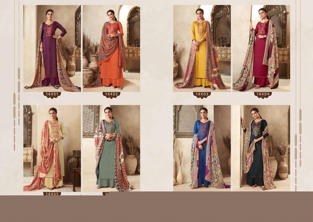 ALIFA VOL-2 BY TANISHK FASHION 14401 TO 14408 SERIES BEAUTIFUL SUITS STYLISH FANCY COLORFUL CASUAL WEAR & ETHNIC WEAR PURE JAM SATIN KASHMIRI WORK DRESSES AT WHOLESALE PRICE