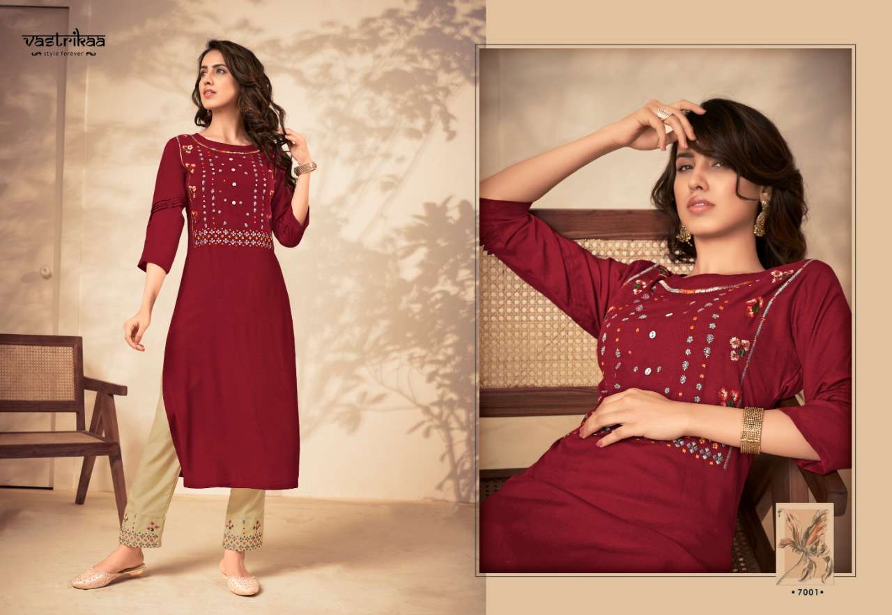 SAVYA VOL-2 BY VASTRIKAA 7001 TO 7006 SERIES BEAUTIFUL STYLISH FANCY COLORFUL CASUAL WEAR & ETHNIC WEAR & READY TO WEAR HEAVY RAYON SLUB KURTIS WITH BOTTOM AT WHOLESALE PRICE