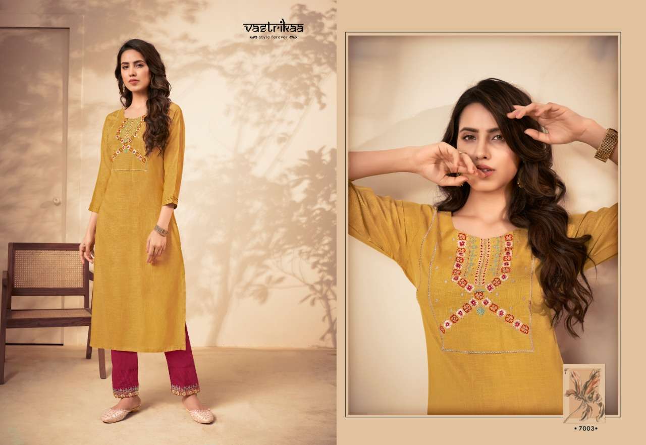 SAVYA VOL-2 BY VASTRIKAA 7001 TO 7006 SERIES BEAUTIFUL STYLISH FANCY COLORFUL CASUAL WEAR & ETHNIC WEAR & READY TO WEAR HEAVY RAYON SLUB KURTIS WITH BOTTOM AT WHOLESALE PRICE