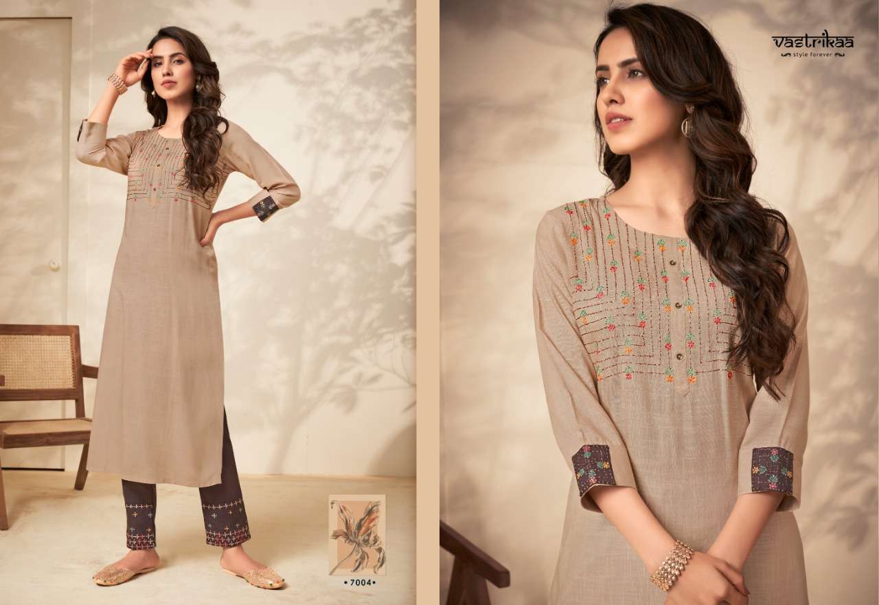 SAVYA VOL-2 BY VASTRIKAA 7001 TO 7006 SERIES BEAUTIFUL STYLISH FANCY COLORFUL CASUAL WEAR & ETHNIC WEAR & READY TO WEAR HEAVY RAYON SLUB KURTIS WITH BOTTOM AT WHOLESALE PRICE