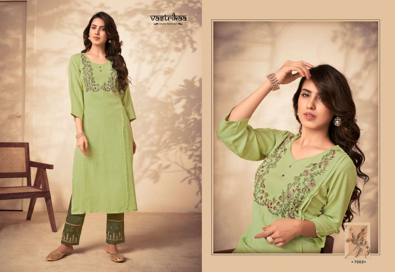 SAVYA VOL-2 BY VASTRIKAA 7001 TO 7006 SERIES BEAUTIFUL STYLISH FANCY COLORFUL CASUAL WEAR & ETHNIC WEAR & READY TO WEAR HEAVY RAYON SLUB KURTIS WITH BOTTOM AT WHOLESALE PRICE