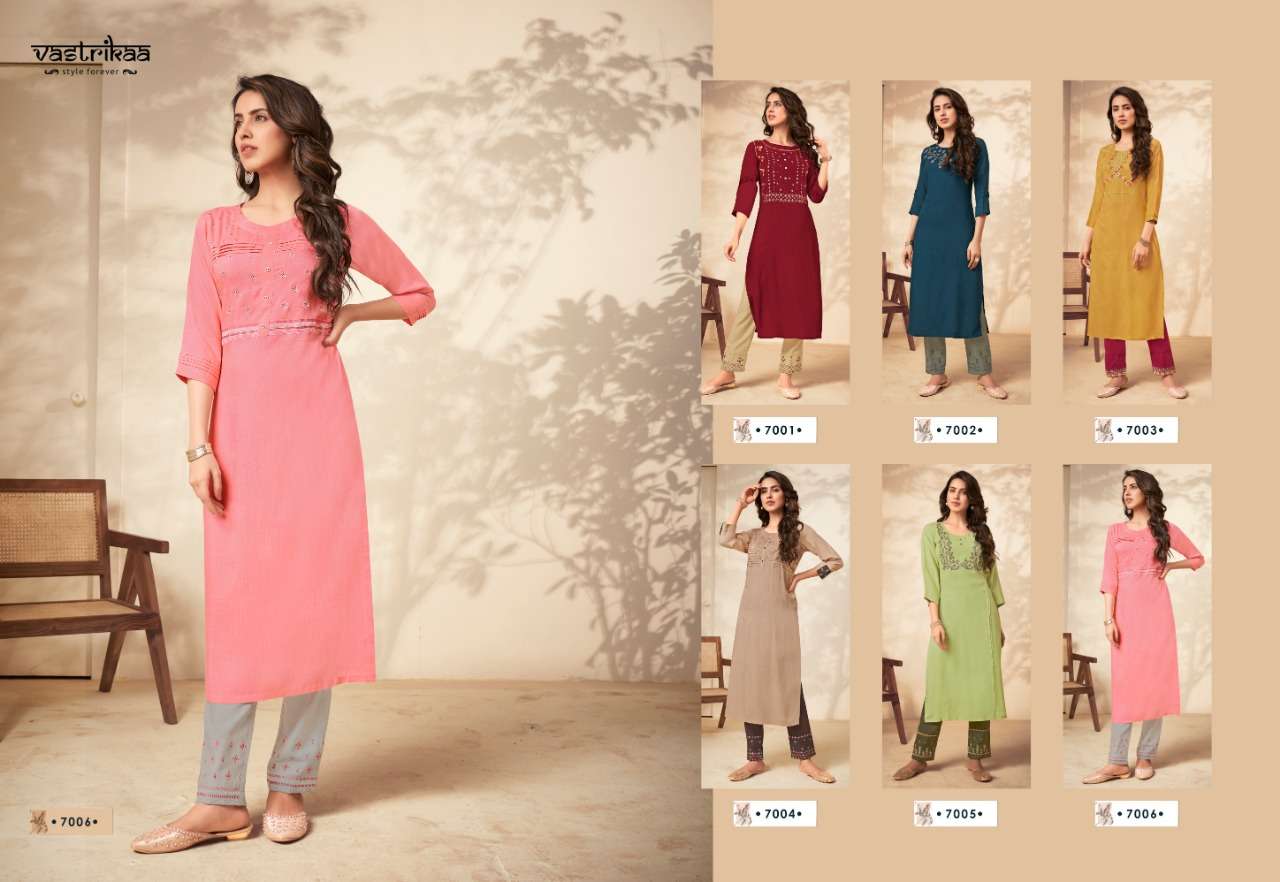 SAVYA VOL-2 BY VASTRIKAA 7001 TO 7006 SERIES BEAUTIFUL STYLISH FANCY COLORFUL CASUAL WEAR & ETHNIC WEAR & READY TO WEAR HEAVY RAYON SLUB KURTIS WITH BOTTOM AT WHOLESALE PRICE