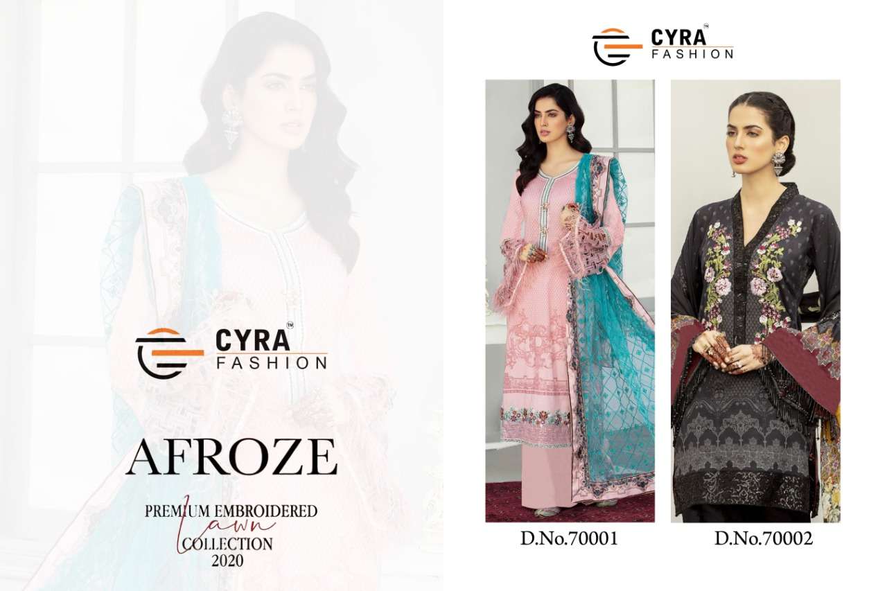 AFROZE BY CYRA FASHION 70001 TO 70002 SERIES PAKISTANI SUITS BEAUTIFUL FANCY COLORFUL STYLISH PARTY WEAR & OCCASIONAL WEAR JAM COTTON WITH EMBROIDERY DRESSES AT WHOLESALE PRICE