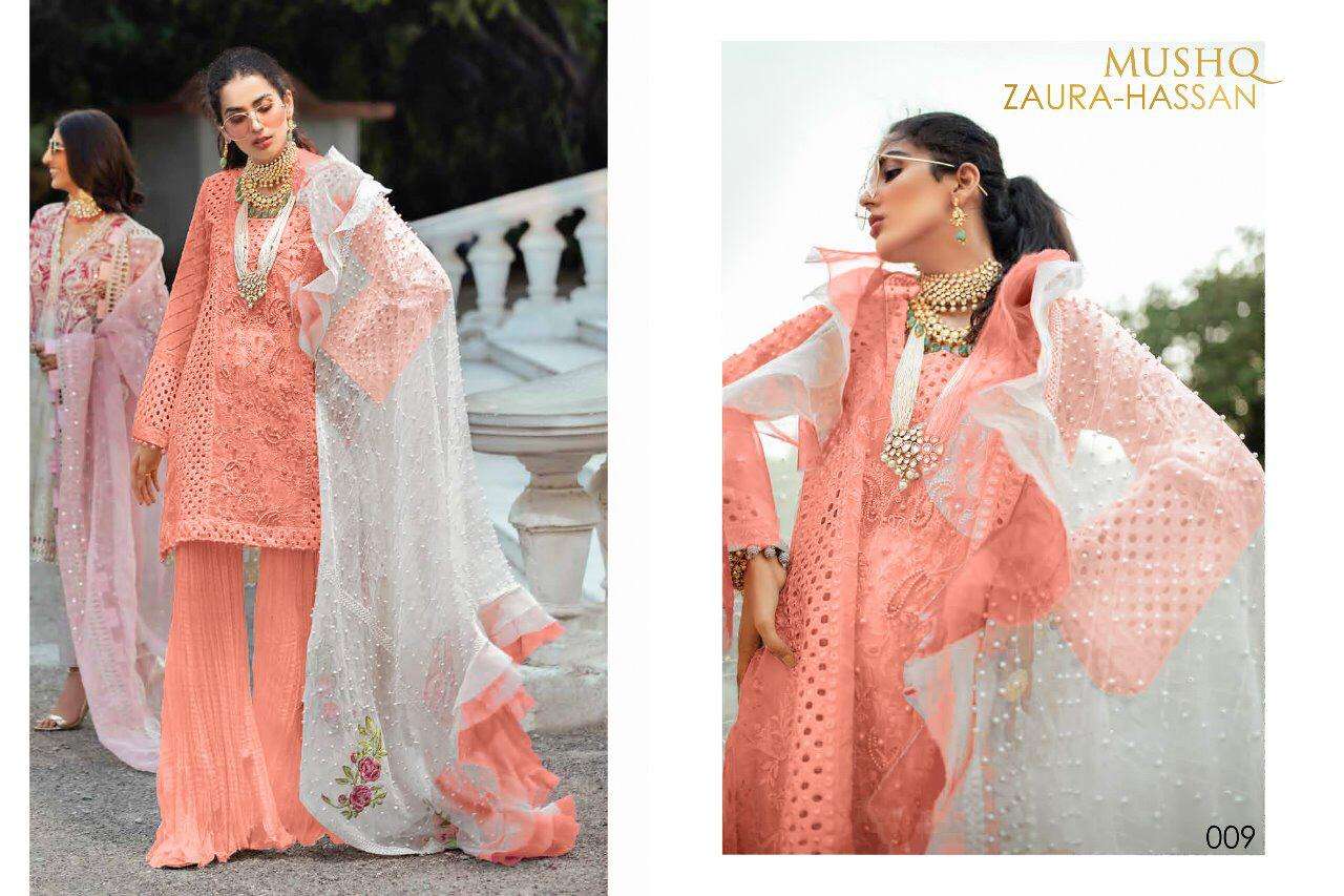 MUSHQ BY ZAURA HASSAN 009 TO 012 SERIES PAKISTANI SUITS BEAUTIFUL FANCY COLORFUL STYLISH PARTY WEAR & OCCASIONAL WEAR HEAVY CAMBRIC COTTON WITH EMBROIDERY DRESSES AT WHOLESALE PRICE