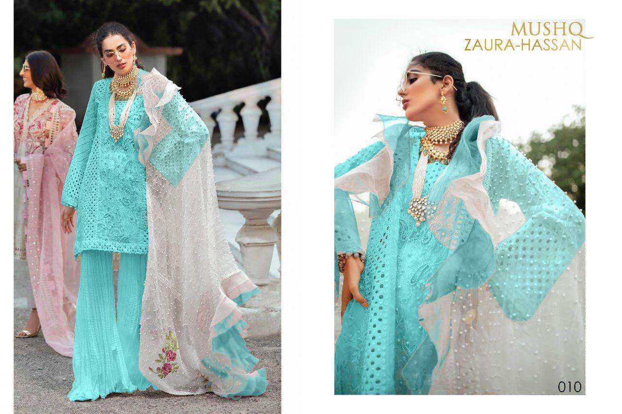 MUSHQ BY ZAURA HASSAN 009 TO 012 SERIES PAKISTANI SUITS BEAUTIFUL FANCY COLORFUL STYLISH PARTY WEAR & OCCASIONAL WEAR HEAVY CAMBRIC COTTON WITH EMBROIDERY DRESSES AT WHOLESALE PRICE
