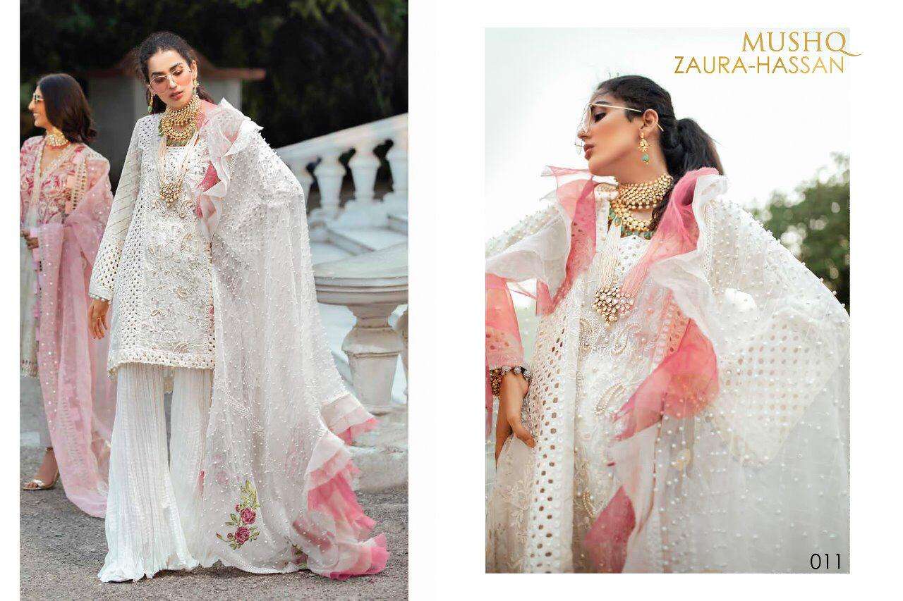 MUSHQ BY ZAURA HASSAN 009 TO 012 SERIES PAKISTANI SUITS BEAUTIFUL FANCY COLORFUL STYLISH PARTY WEAR & OCCASIONAL WEAR HEAVY CAMBRIC COTTON WITH EMBROIDERY DRESSES AT WHOLESALE PRICE