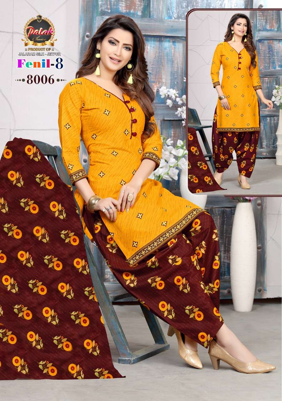 FENIL VOL-8 BY PALAK CHOICE 8001 TO 8012 SERIES BEAUTIFUL SUITS STYLISH FANCY COLORFUL PARTY WEAR & OCCASIONAL WEAR COTTON PRINTED DRESSES AT WHOLESALE PRICE