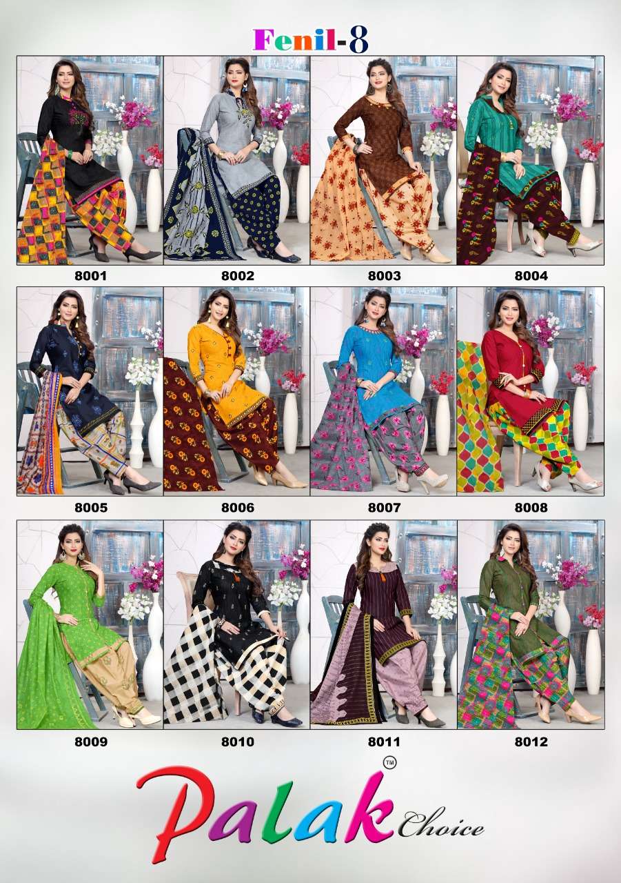 FENIL VOL-8 BY PALAK CHOICE 8001 TO 8012 SERIES BEAUTIFUL SUITS STYLISH FANCY COLORFUL PARTY WEAR & OCCASIONAL WEAR COTTON PRINTED DRESSES AT WHOLESALE PRICE