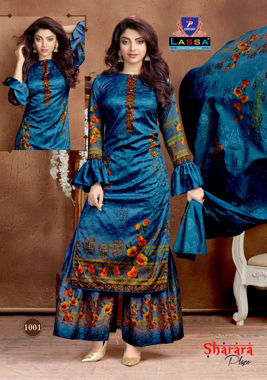 SHARARA PLAZO BY LASSA 1001 TO 1010 SERIES BEAUTIFUL STYLISH PATIALA SUITS FANCY COLORFUL CASUAL WEAR & ETHNIC WEAR & READY TO WEAR COTTON PRINTED DRESSES AT WHOLESALE PRICE