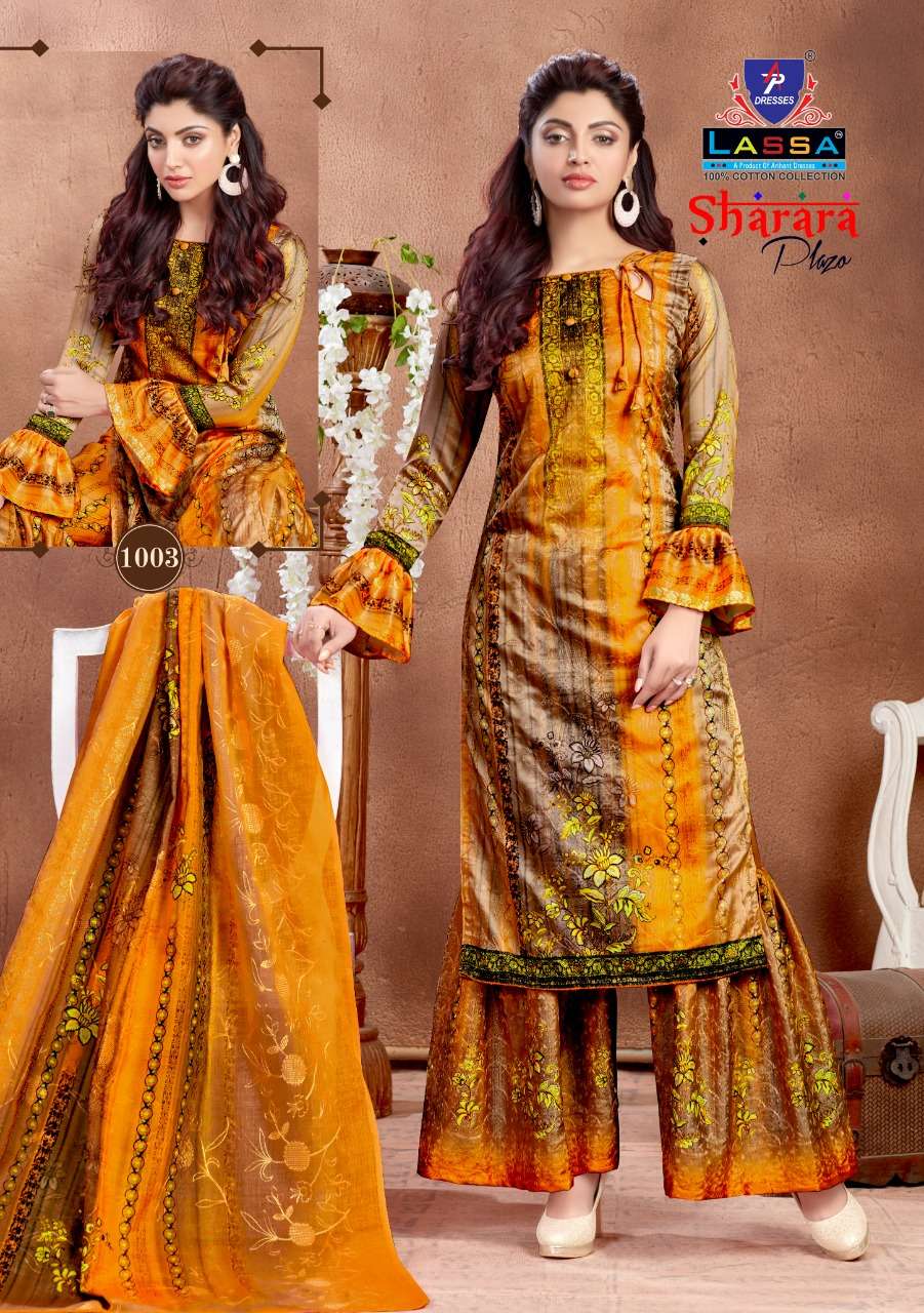 SHARARA PLAZO BY LASSA 1001 TO 1010 SERIES BEAUTIFUL STYLISH PATIALA SUITS FANCY COLORFUL CASUAL WEAR & ETHNIC WEAR & READY TO WEAR COTTON PRINTED DRESSES AT WHOLESALE PRICE