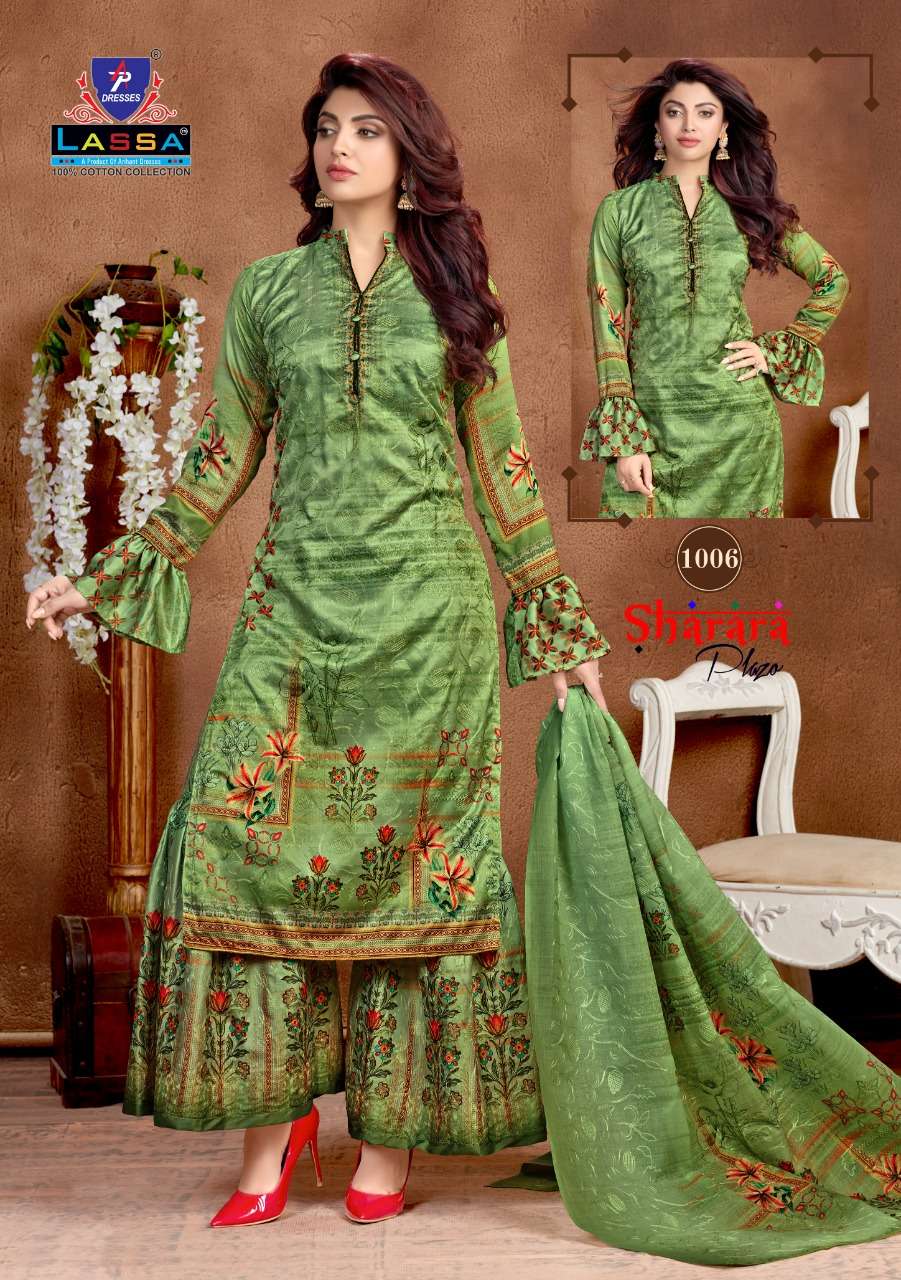 SHARARA PLAZO BY LASSA 1001 TO 1010 SERIES BEAUTIFUL STYLISH PATIALA SUITS FANCY COLORFUL CASUAL WEAR & ETHNIC WEAR & READY TO WEAR COTTON PRINTED DRESSES AT WHOLESALE PRICE