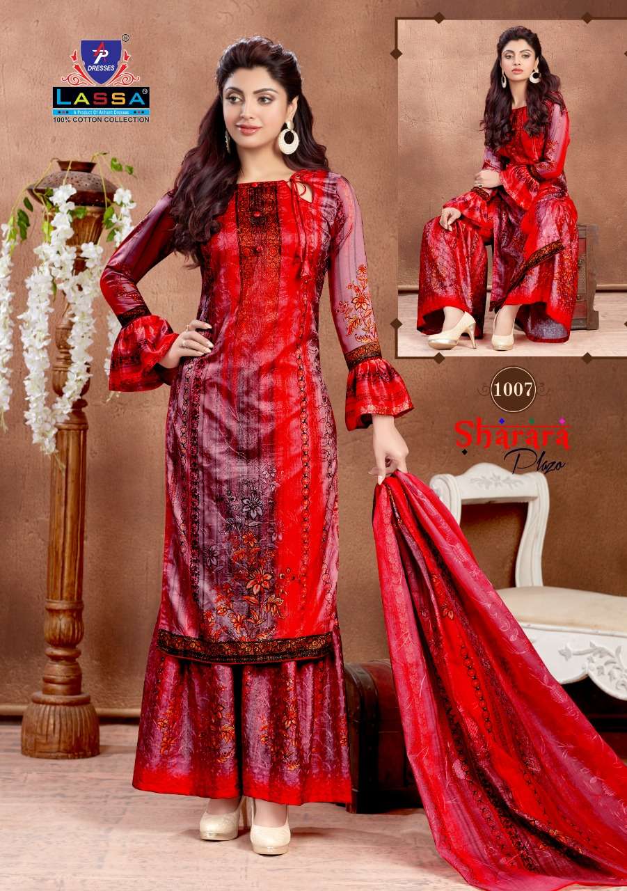 SHARARA PLAZO BY LASSA 1001 TO 1010 SERIES BEAUTIFUL STYLISH PATIALA SUITS FANCY COLORFUL CASUAL WEAR & ETHNIC WEAR & READY TO WEAR COTTON PRINTED DRESSES AT WHOLESALE PRICE