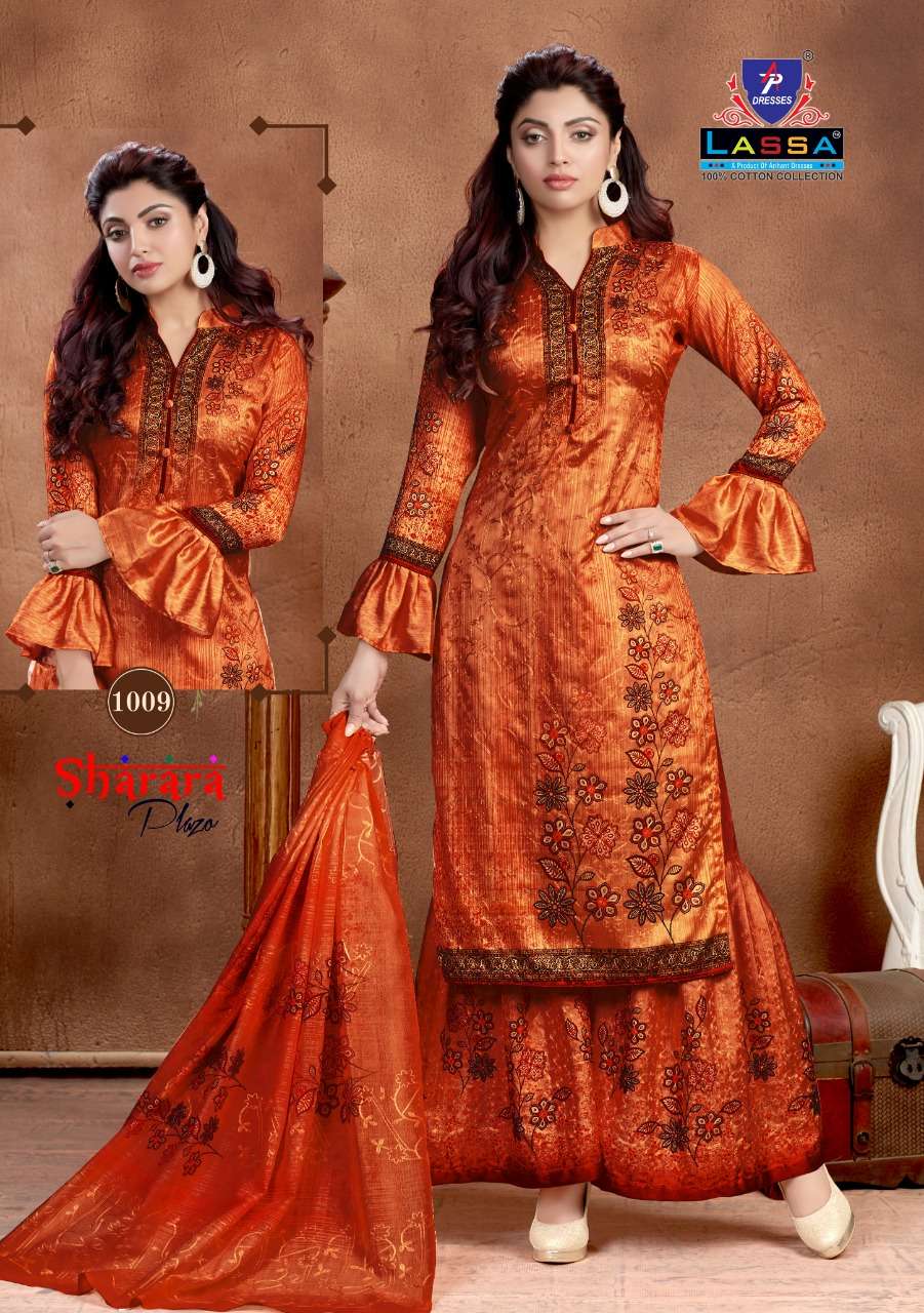 SHARARA PLAZO BY LASSA 1001 TO 1010 SERIES BEAUTIFUL STYLISH PATIALA SUITS FANCY COLORFUL CASUAL WEAR & ETHNIC WEAR & READY TO WEAR COTTON PRINTED DRESSES AT WHOLESALE PRICE
