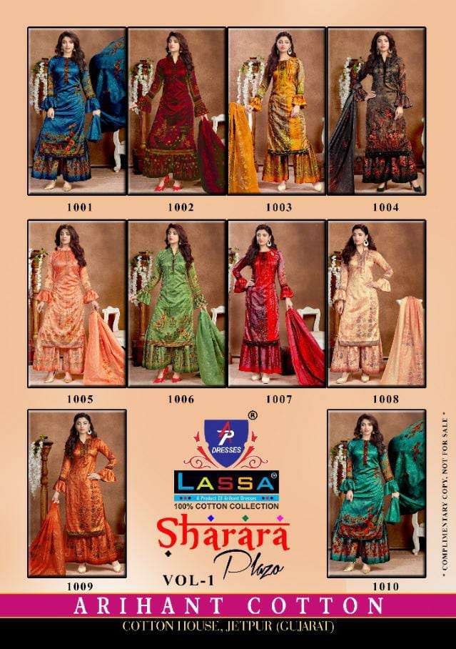 SHARARA PLAZO BY LASSA 1001 TO 1010 SERIES BEAUTIFUL STYLISH PATIALA SUITS FANCY COLORFUL CASUAL WEAR & ETHNIC WEAR & READY TO WEAR COTTON PRINTED DRESSES AT WHOLESALE PRICE