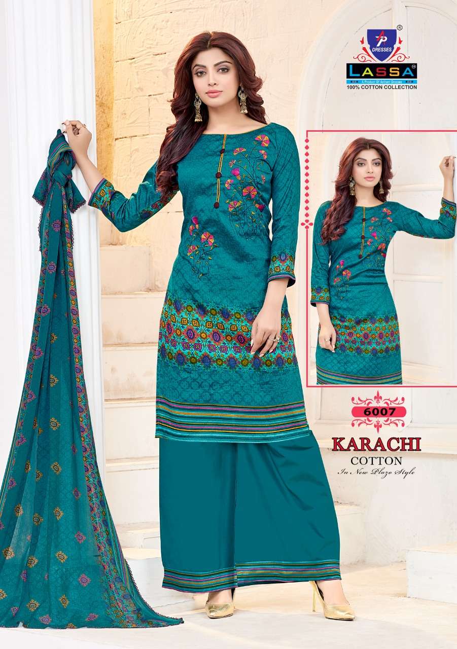 KARACHI COTTON VOL-6 BY LASSA 6001 TO 6010 SERIES BEAUTIFUL STYLISH PATIALA SUITS FANCY COLORFUL CASUAL WEAR & ETHNIC WEAR & READY TO WEAR COTTON PRINTED DRESSES AT WHOLESALE PRICE